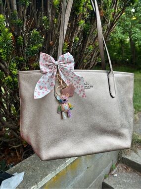 Coach Metallic Gold Leather Tote with Floral Bow and Multicolor Charm